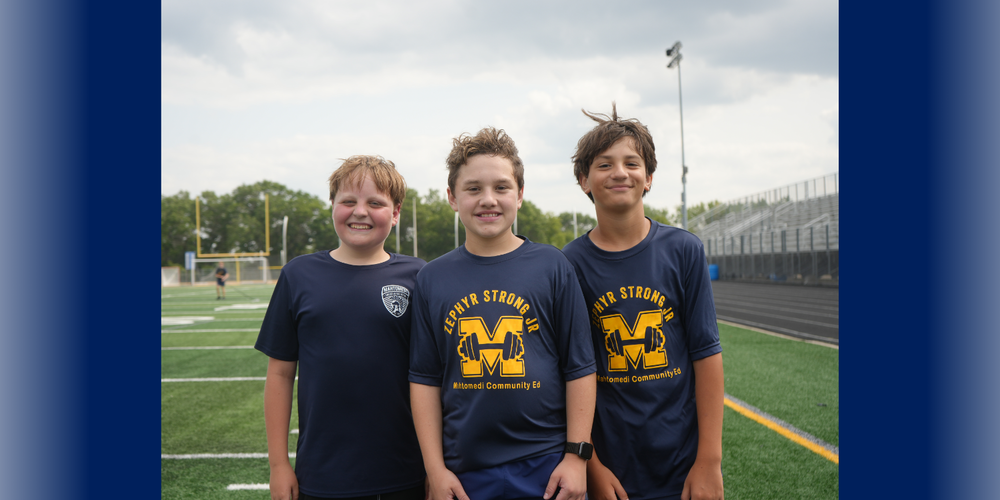 3 Middle School Students smiling on a football field.