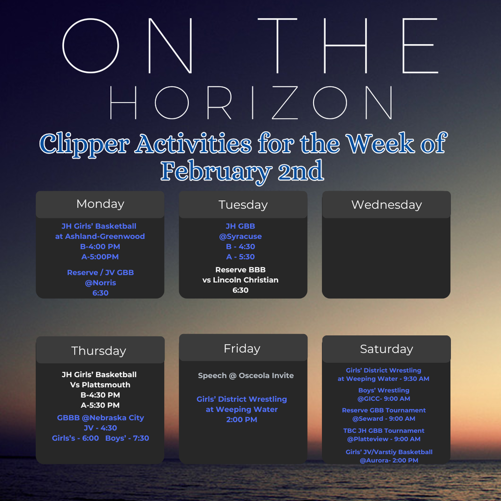 Activities schedule for week of February 2nd.