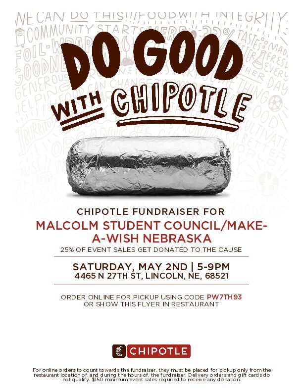 The flyer for Malcolm Student Council's fundraiser at Chipotle for Make-A-Wish Nebraska