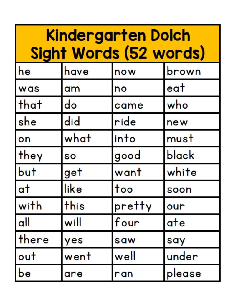 Kindergarten Sight Words