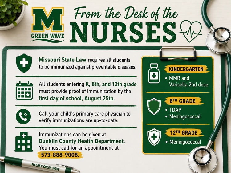   From the nurses desk Missouri State Law requires all students to be immunized against preventable diseases. All students entering K, 8th, and 12th grade must provide proof of immunization by the first day of school, August 25th. 