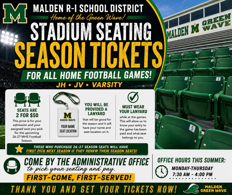The Malden R-I School District is now selling 2026-2027 Stadium Seating Season Tickets for all home football games! 