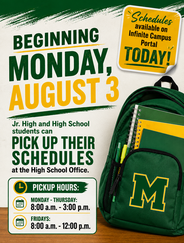 UPDATE: Schedules are available on the Infinite Campus Portal TODAY!!  📣Paper copies of schedules will be available at the high school office  starting Monday, August 3.     Pickup Hours: Monday - Thursday: 8:00 - 3:00 Fridays: 8:00 - 12:00