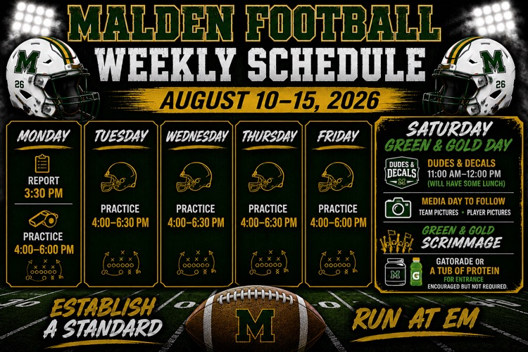 🏈 Green Wave Football is back! 💚💛 A full week of work kicks off Monday and leads right into Green & Gold Day on Saturday! Let’s get ready to establish a standard and RUN AT ’EM! See the full schedule below! 🏈