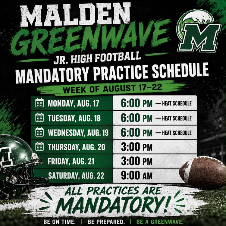 Mandatory practice begins Monday, August 17 at 6:00 PM. Please follow the schedule below and remember that all practices are mandatory.