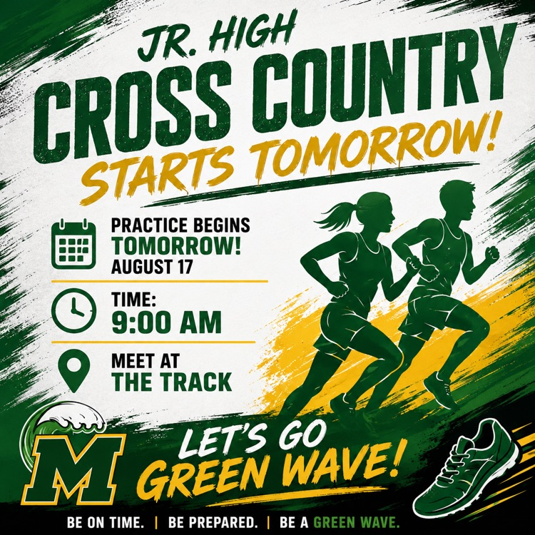 A reminder that Jr. High Cross Country practice begins tomorrow, August 17, at 9:00 AM! 📍 Meet at the track ⏰ Be ready to go at 9:00 AM
