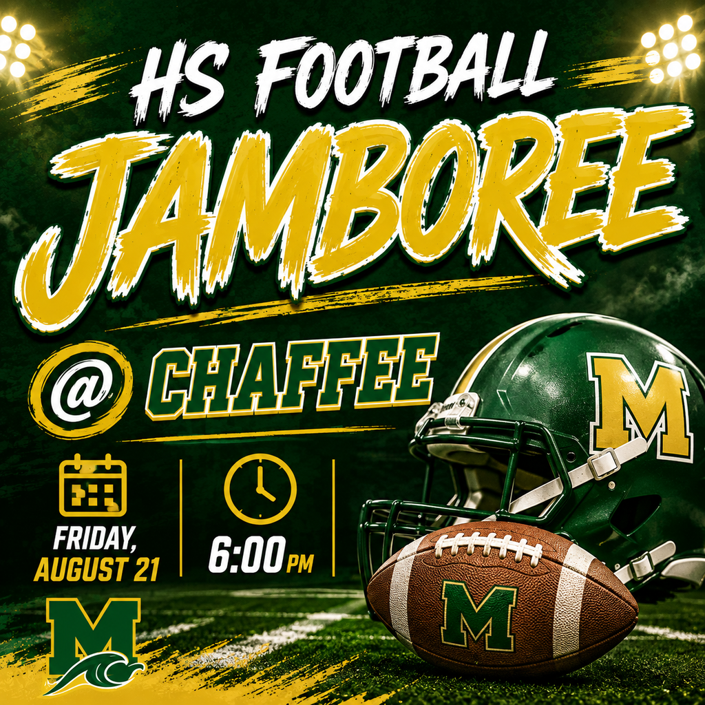 Green and gold Malden High School Football Jamboree graphic featuring a football, helmet, and stadium lights. The HS Football Jamboree is at Chaffee on Friday, August 21 at 6:00 PM.