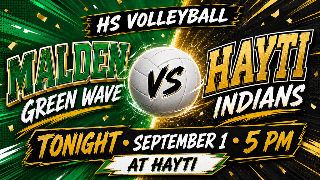 High-energy HS Volleyball graphic announcing Malden Green Wave versus Hayti Indians tonight, September 1, at 5 PM in Hayti. The design features a volleyball at the center with a split background: Kelly green and gold for Malden and black and gold for Hayti.