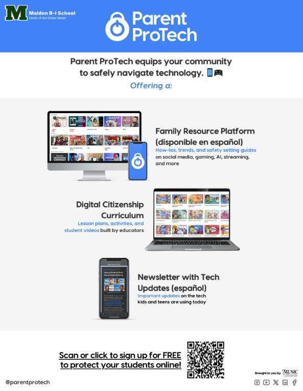 Reminder: We are excited to share a powerful tool to help families protect their children online: Parent ProTech, a free resource available to all parents in our school district. It offers guidance, video tutorials, and practical tips to help you navigate the digital world your child is growing up in. From managing screen time to understanding social media and online safety, Parent ProTech equips you with the knowledge and tools to support your child's digital well-being.