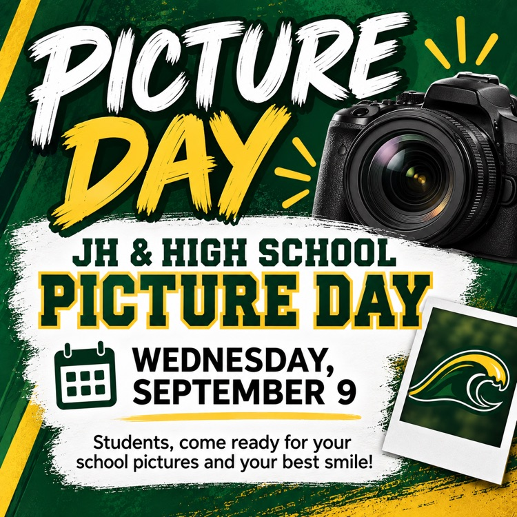 Here’s a clean version for a school post: 📸 PICTURE DAY IS COMING! JH & HIGH SCHOOL PICTURE DAY 📅 Wednesday, September 9 Students, come ready for your school pictures and your best smile! 💚💛 Mark your calendars, Green Wave!