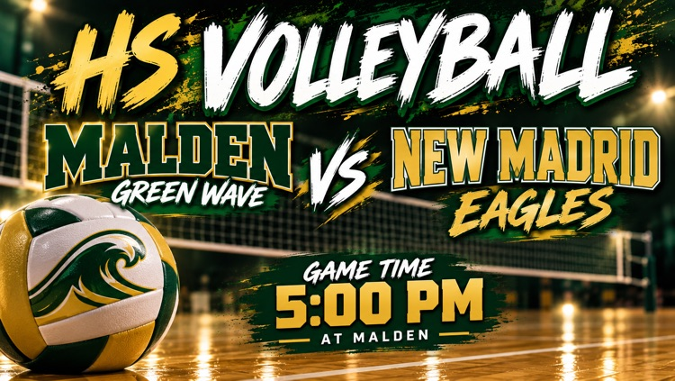 game-day graphic for Malden Green Wave vs. New Madrid Eagles. The design features green and Vegas gold colors, a green-and-gold wave on a volleyball, and a volleyball court and net in the background. Game time is 5:00 PM at Malden