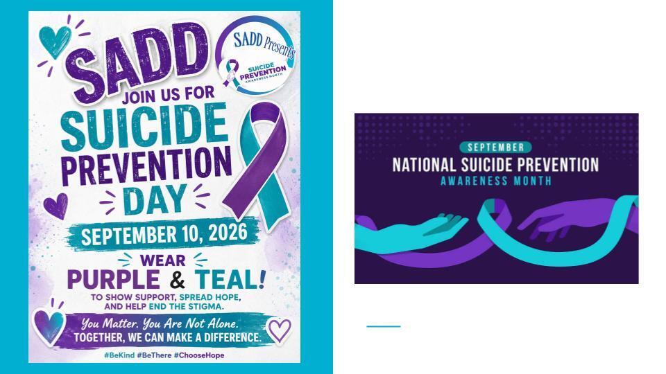 💜🩵 Malden SADD invites everyone to wear purple and teal on Thursday, September 10, in recognition of Suicide Prevention Day. Let’s show our support, spread hope, and remind others that they matter and are never alone. Together, we can make a difference.