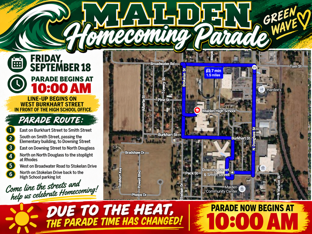 Due to HEAT, the parade time has been changed!