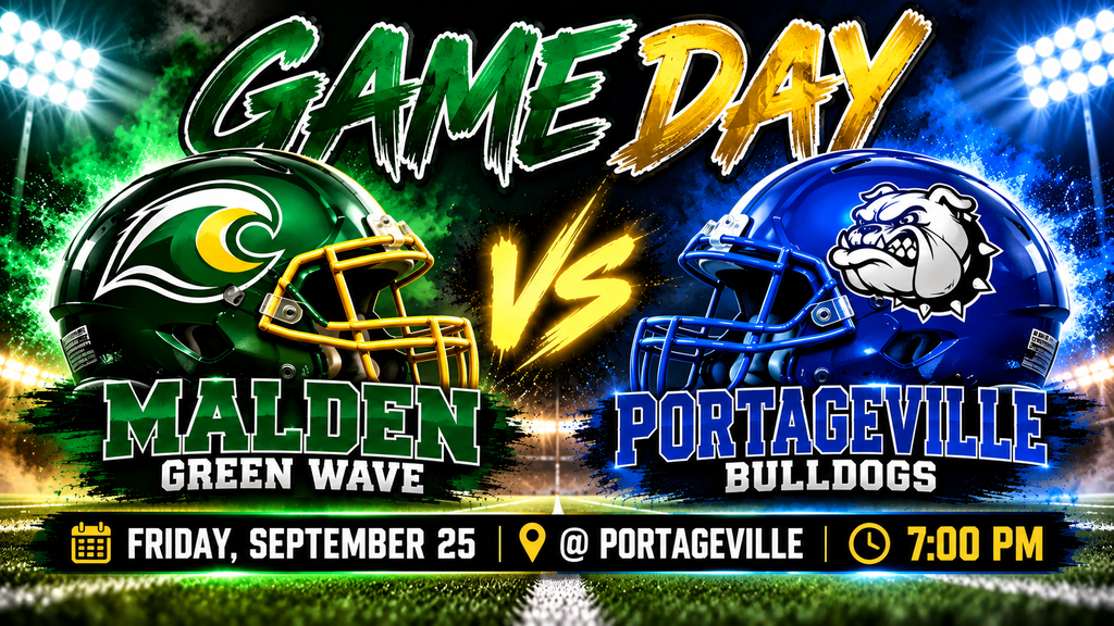 Alt text: High-energy Game Day football graphic featuring the Malden Green Wave in green and gold facing the Portageville Bulldogs in blue. Two football helmets face off under stadium lights with a glowing gold “VS” between them. The graphic reads: Friday, September 25, at Portageville, 7:00 PM.