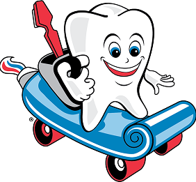 Tooth riding a skateboard
