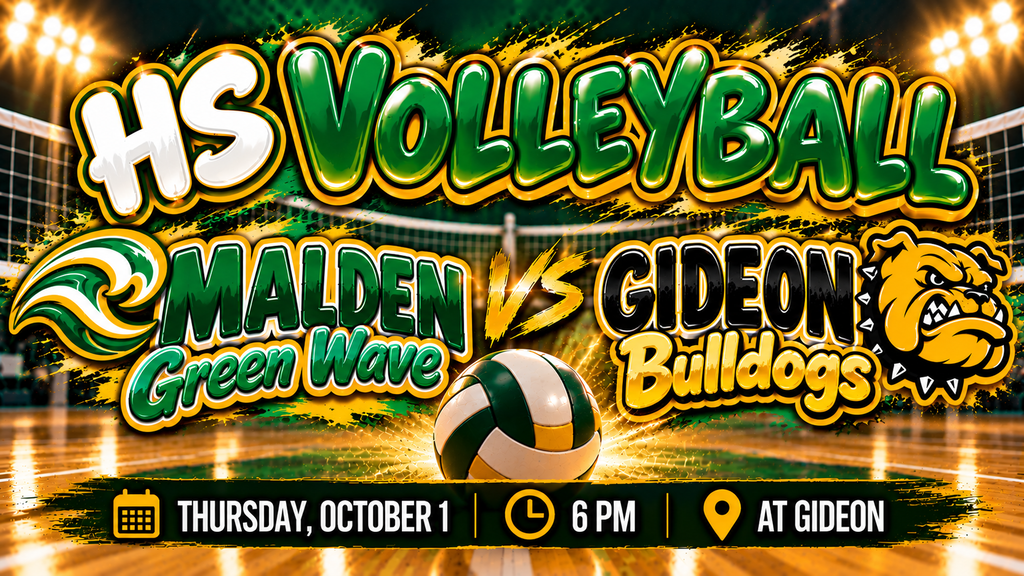 High-energy HS volleyball graphic for Malden Green Wave vs. Gideon Bulldogs. Malden is featured in green and gold with a wave logo, while Gideon is shown in black and gold with a bulldog mascot. A volleyball sits at center court beneath a net. Game is Thursday, October 1 at 6 PM at Gideon.