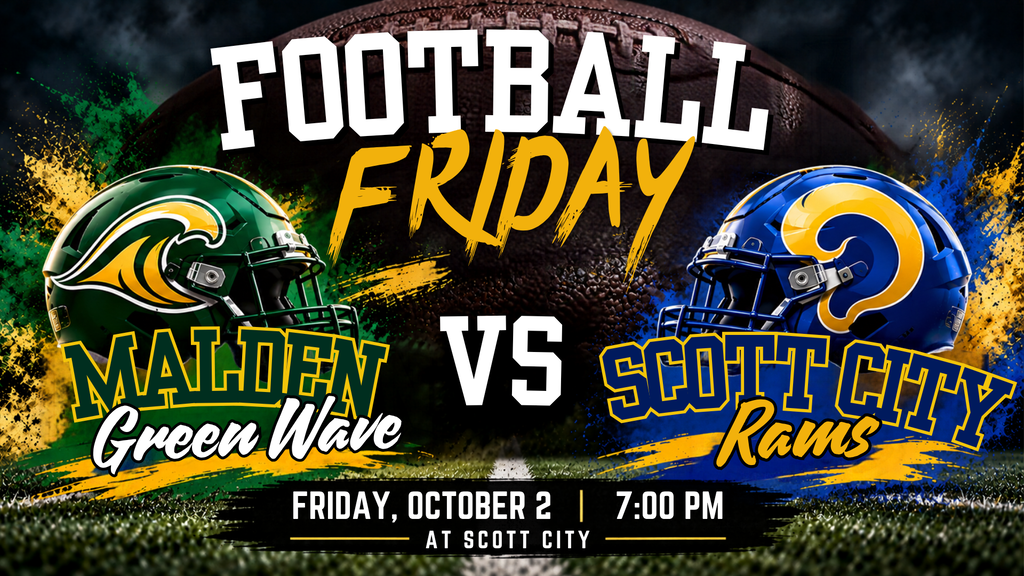 Football Friday graphic for Malden High School football. The Malden Green Wave, represented in green and gold, faces the Scott City Rams, represented in blue and gold. The graphic features football helmets, a large football in the background, and game information: Friday, October 2 at 7:00 PM at Scott City.