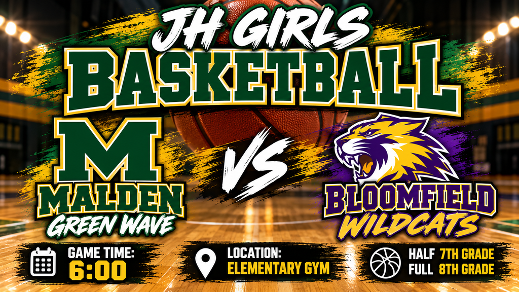 Junior High Girls Basketball game graphic featuring Malden Green Wave in green and gold versus the Bloomfield Wildcats in purple and gold. Game time is 6:00 PM at the Malden Elementary Gym. The evening will include a half 7th grade game and a full 8th grade game.