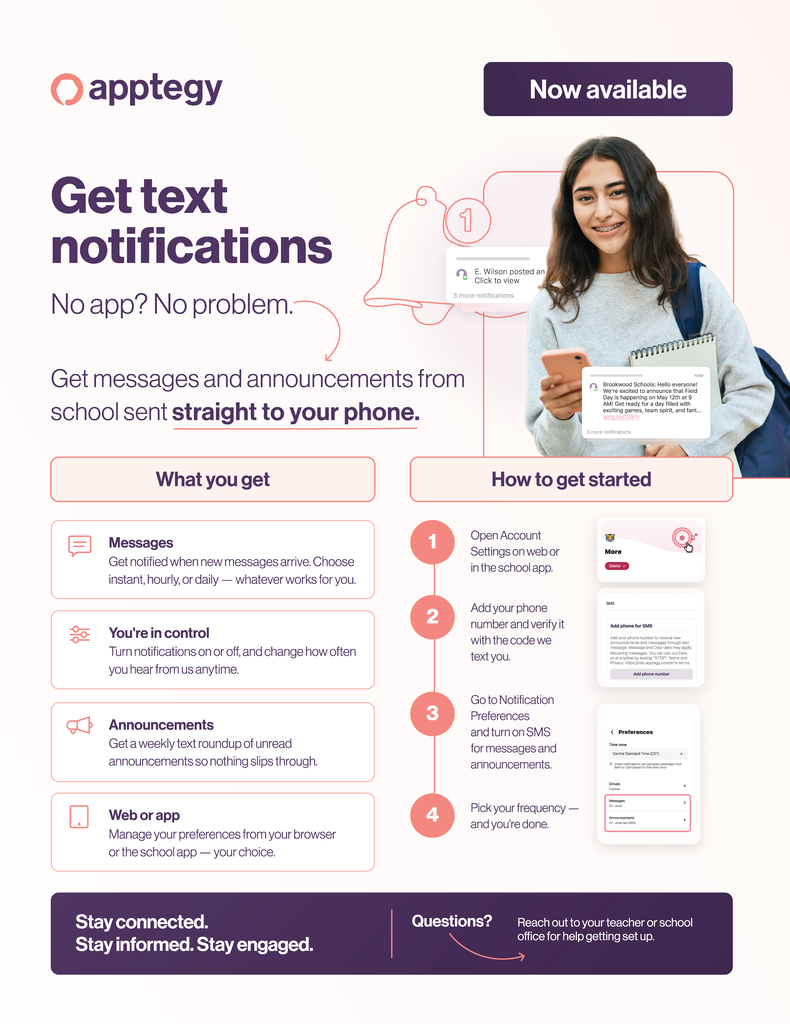 **Alt text:** Graphic announcing that text notifications are now available in Rooms. Students can opt in to receive text alerts when new messages or announcements are posted. The graphic includes step by step instructions for adding a phone number, verifying it, turning on SMS notifications, and choosing notification preferences.