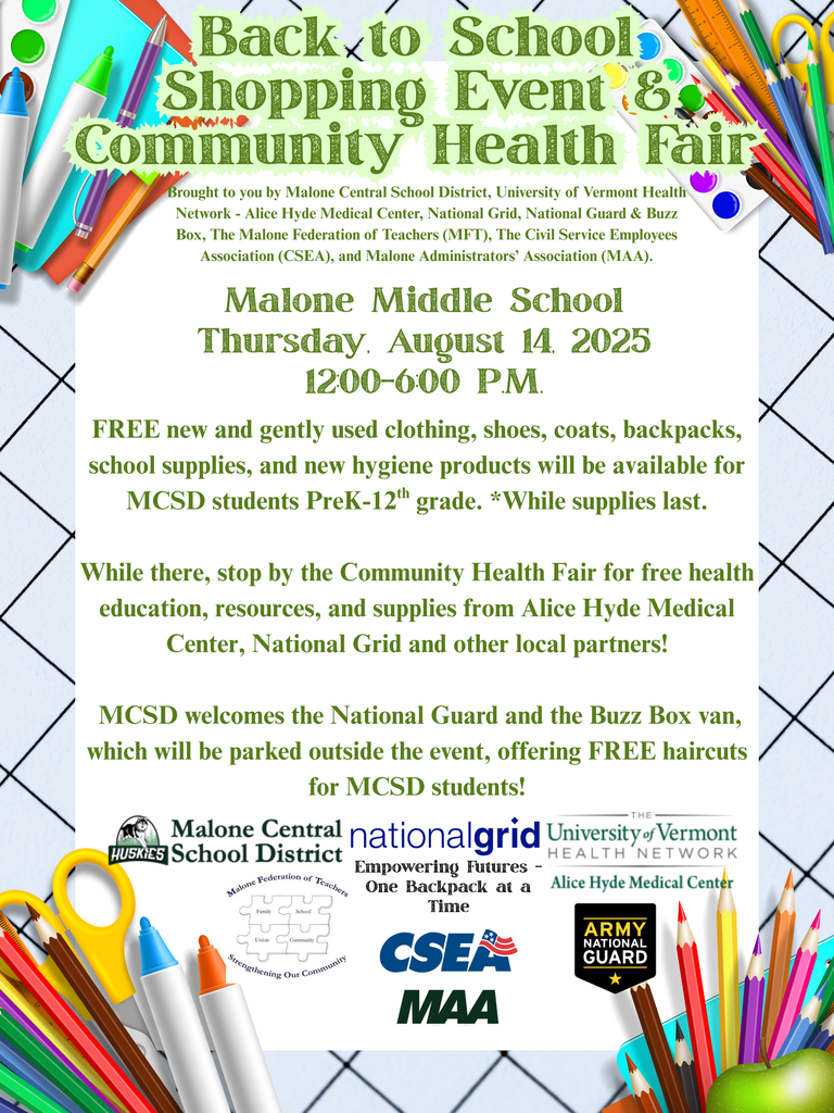 Back to School Event, August 14th, 12:00 to 6:00 at Malone Middle School