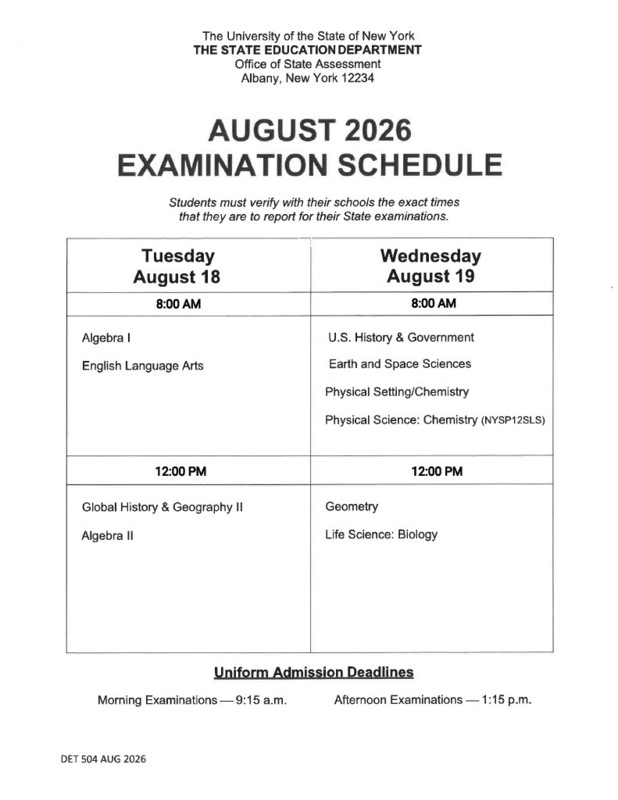 August 2026 Regents Exam Schedule