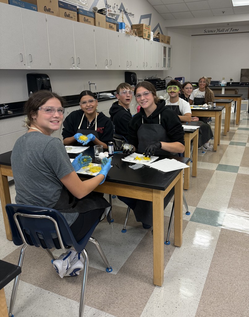 students in lab gear doing an experiement with eggs. 