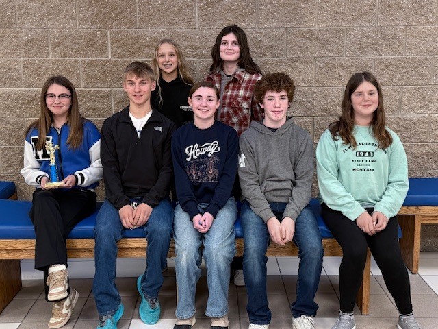 Back row- alternates: Macey Lien and Olivia Ritchey Front row—Champion, McKenzie Ereaux; runner-up, Ben Hould; 3rd place, Aidree Math; 4th place, Trace Stolem; and 5th place, Scarlett Marino