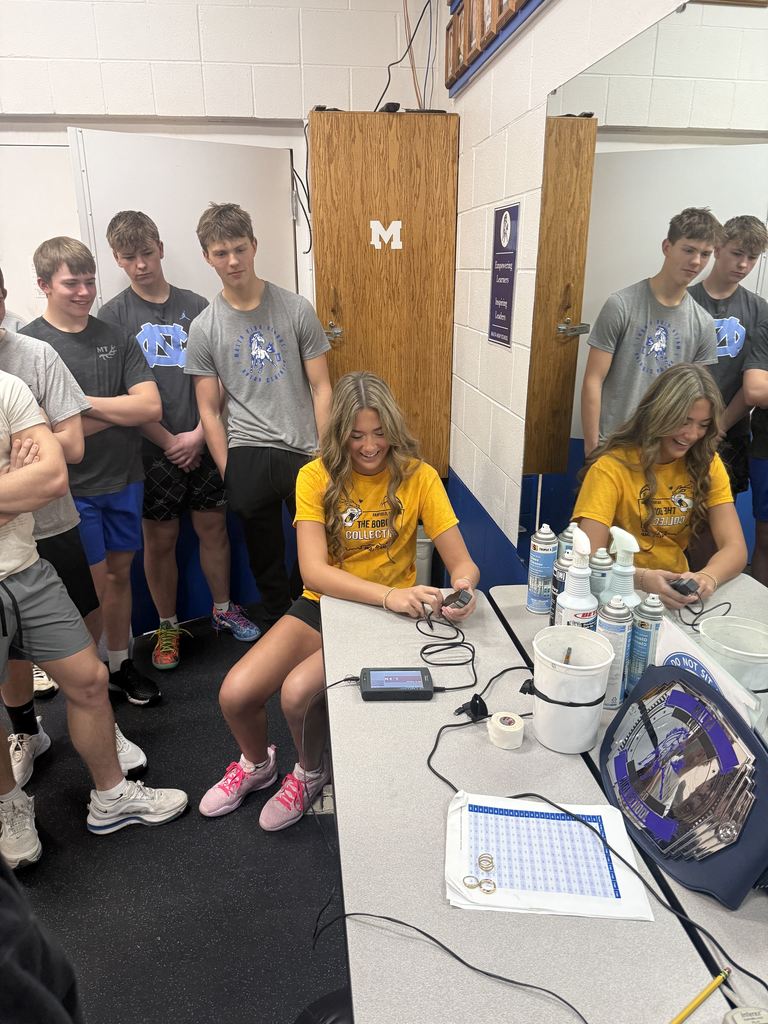 Group of students watching another use a dynamometer to test grip strength.