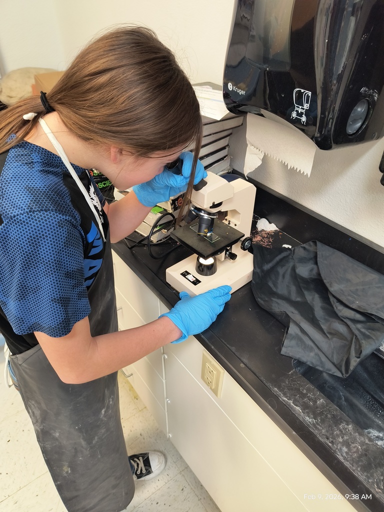 A student is looking through a microscope at bacteria samples with a stack of books behind her.