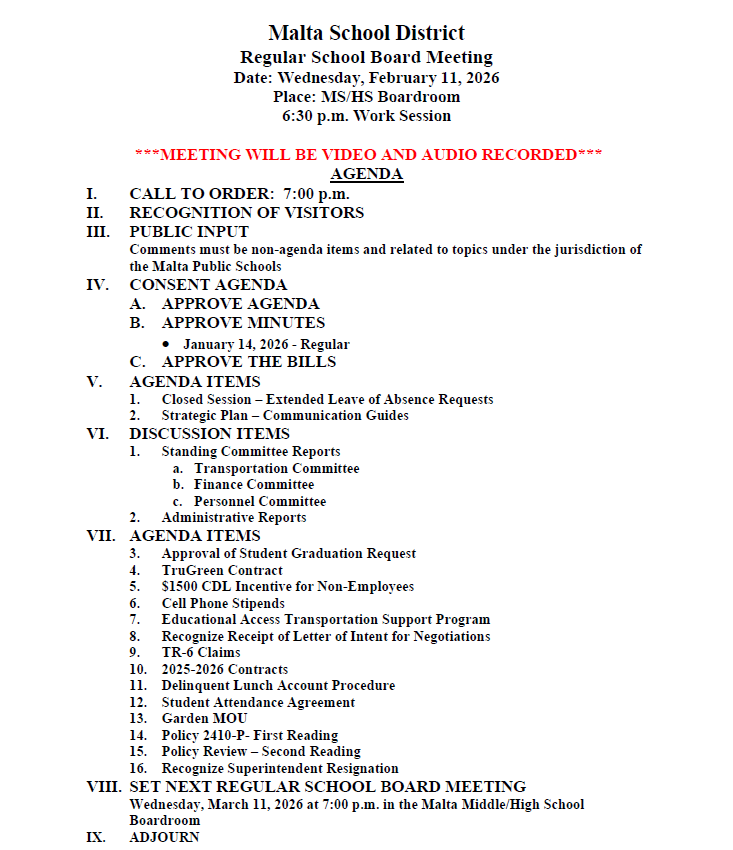 Agenda for the 2/11/26 Board of Trustees meeting