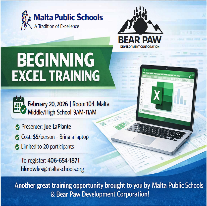 Malta Public Schools and Bear Paw Development Corporation hosting an Excel workshop on 2.20.26 from 9AM-11AM