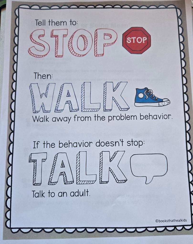 Picture of a poster with instructions and icons of a stop sign, a shoe, and a speech bubble.