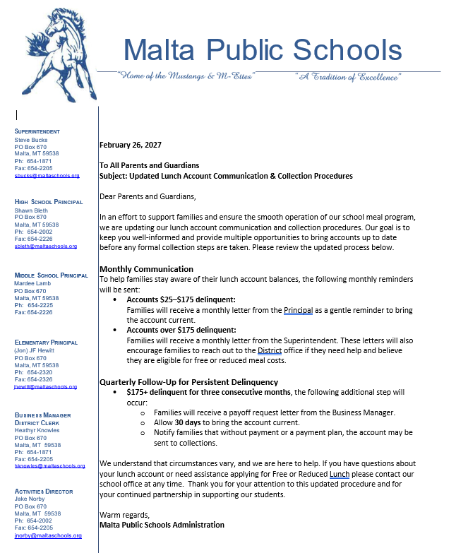 A letter to parents and guardians regarding an updated lunch account collection procedure