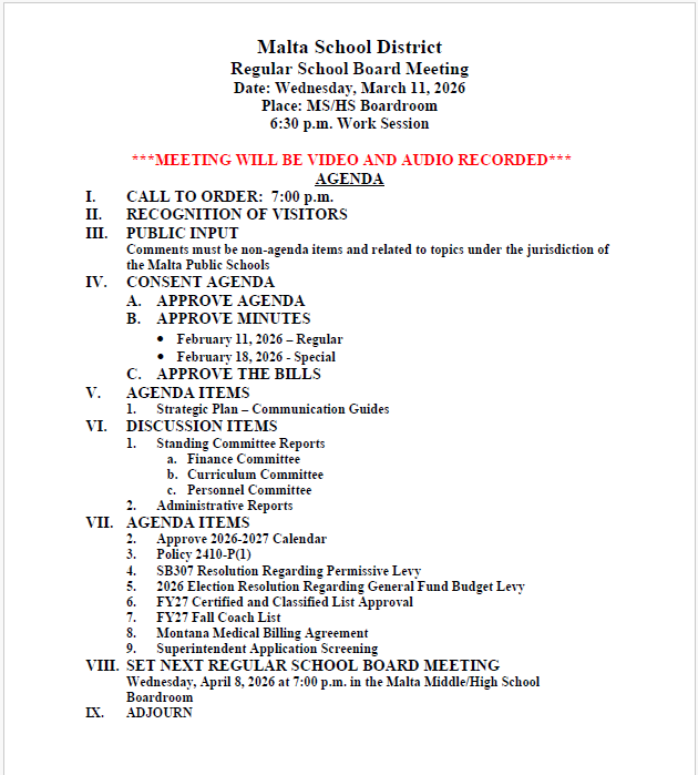 Public notice of March 11, 2026 Board of Trustees meeting at 7PM