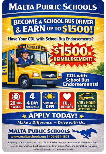 A flyer promoting a CDL Reimbursement program for prospective employees at Malta Public Schools