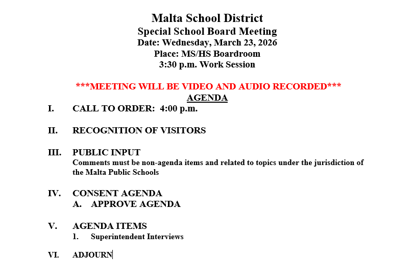 Notice of March 23, 2026 special board meeting starting at 4:00PM