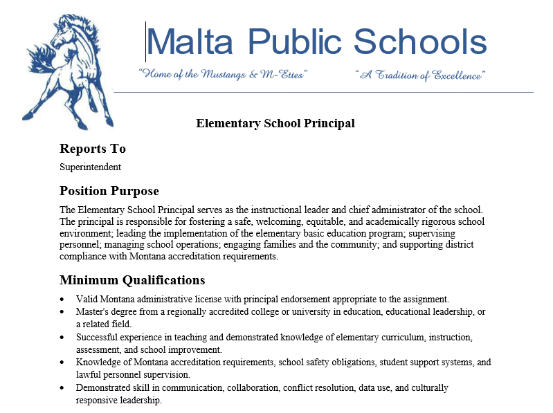 Open position for Elementary School Principal at Malta Public Schools