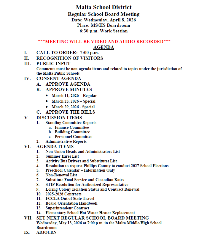 The Public Notice of the regular board of trustees meeting on April 8, 2026 at 7PM