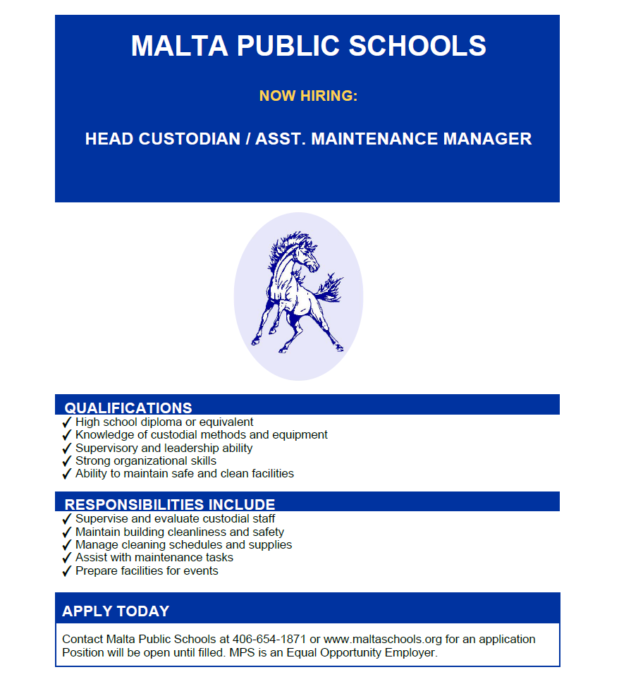 Flyer for opening for Head Custodian/Assistant Maintenance Manager