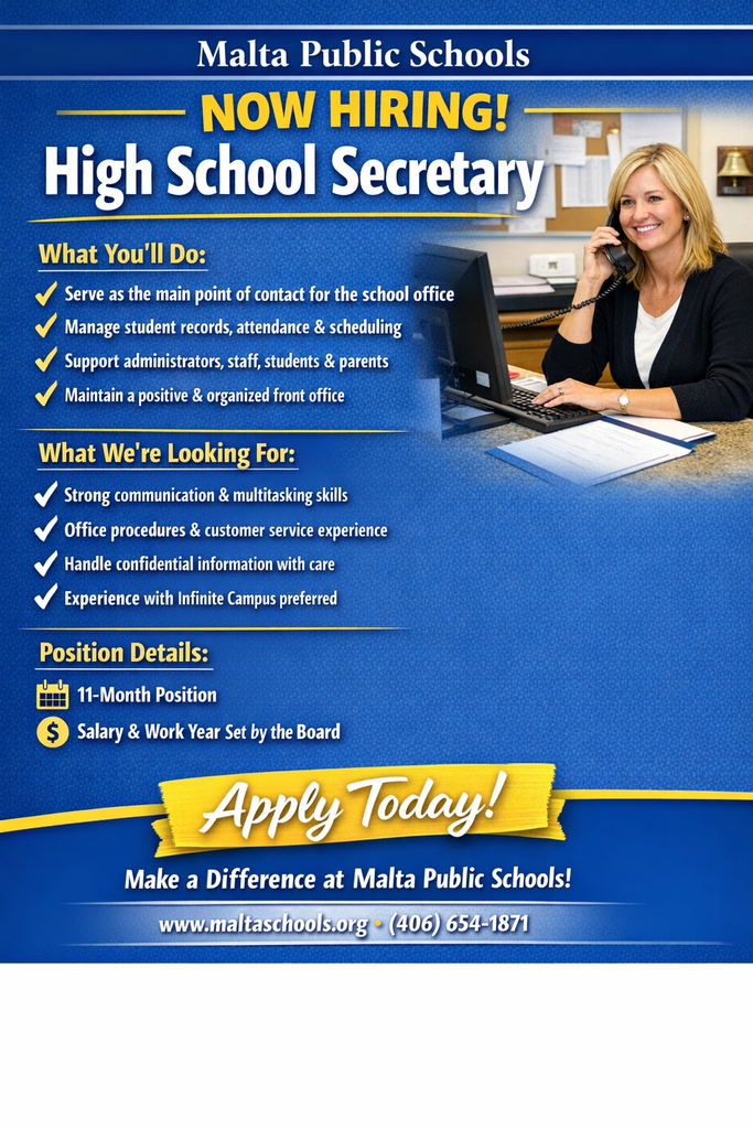 Ad for hiring a new high school secretary at Malta Public Schools