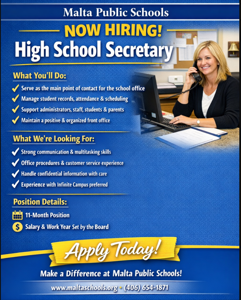 Flyer for an opening for High School Secretary at Malta Public Schools