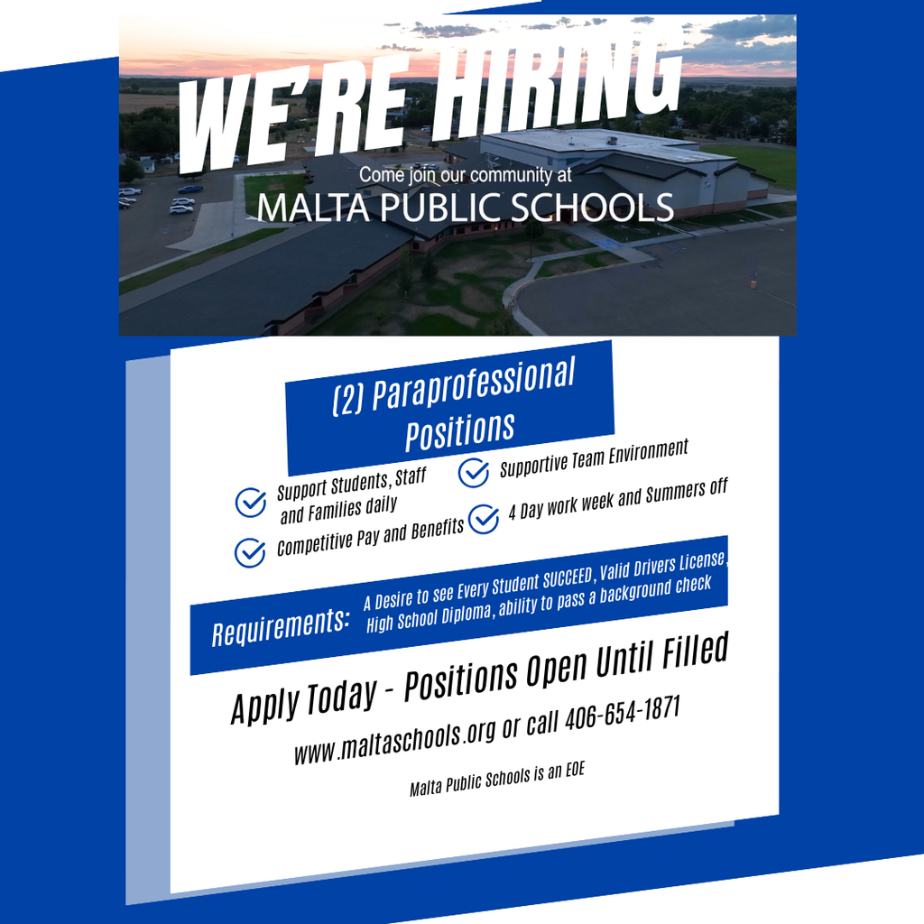 Flyer posting a job opening for 2 paraprofessionals at Malta Public Schools