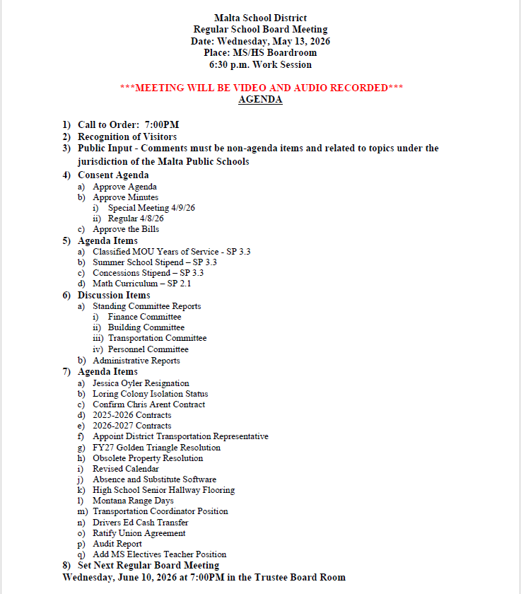 An agenda of the Malta Public Schools board of trustees meeting on 5/13/26 at 7PM