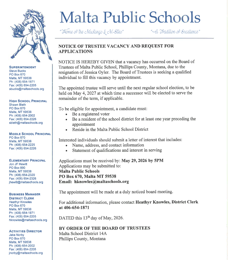 A notice regarding a trustee vacancy due to resignation.  Accepting letters of interest until May 29, 2026