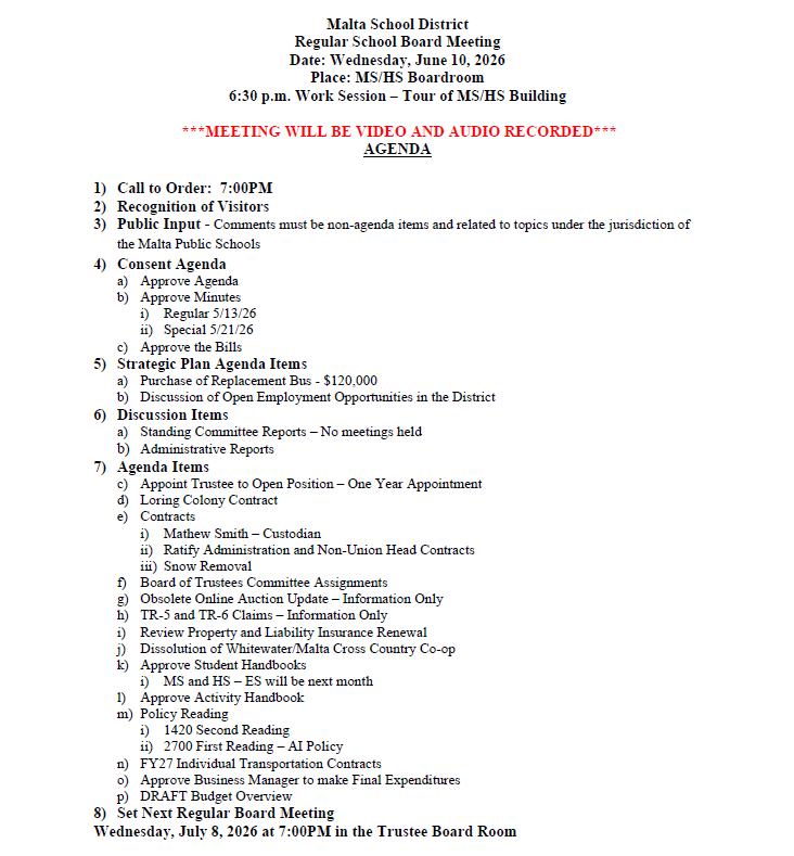 Public notice of Malta School Board of Trustees meeting June 10, 2026 at 7PM
