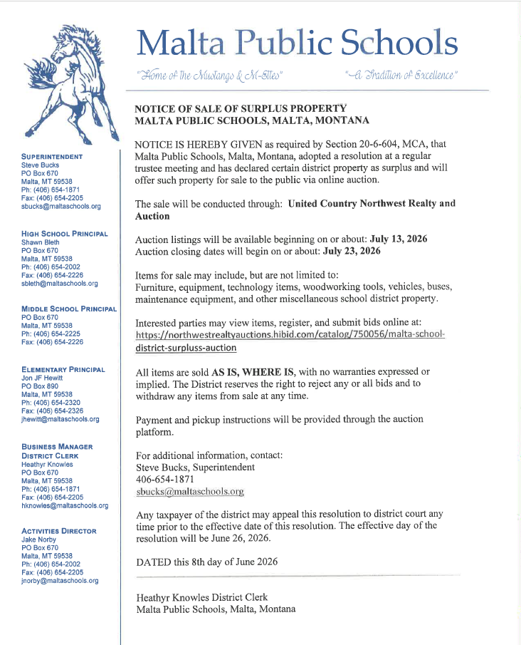 Public Notice of online auction for malta public schools surplus property