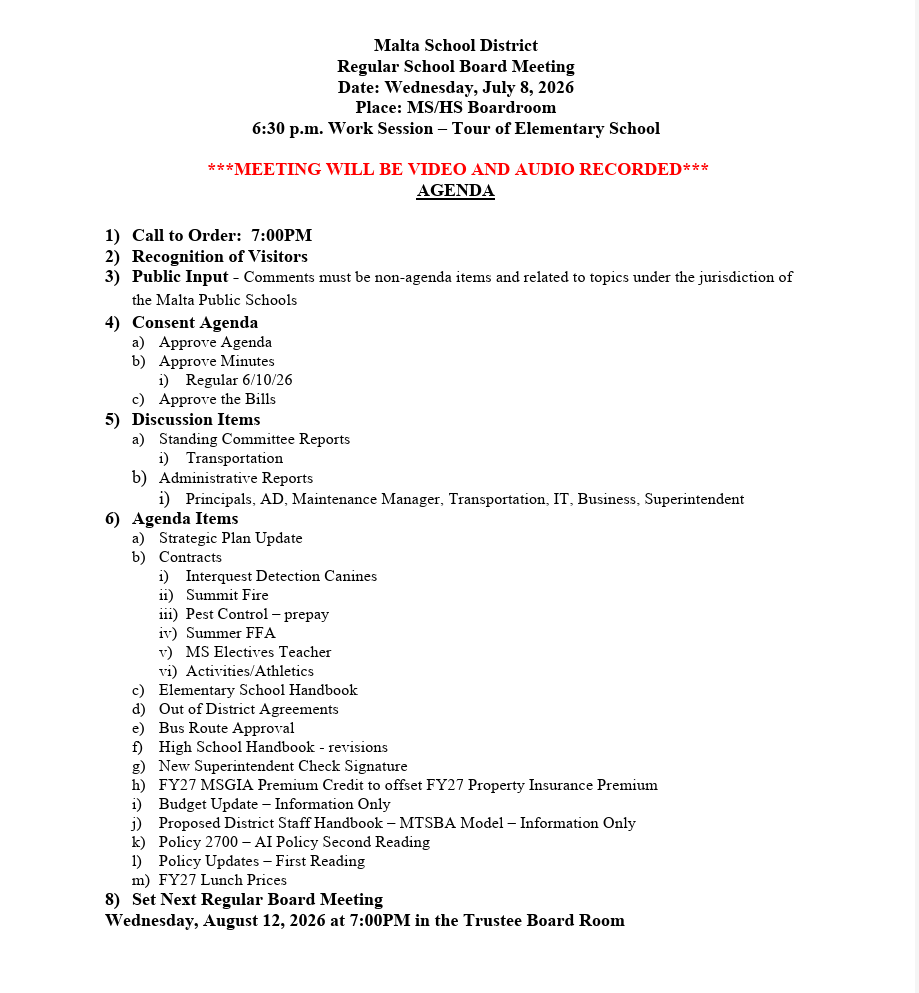 agenda for board of trustees meeting July 8, 2026 at 7PM