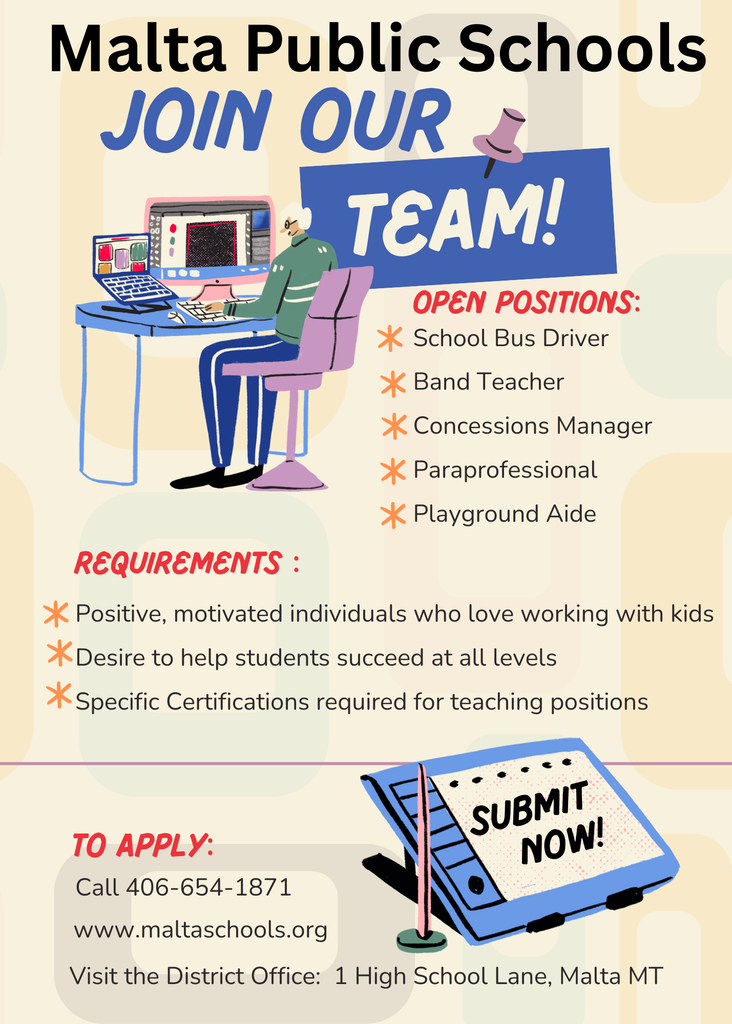 Flyer promoting the open positions at Malta Public Schools
