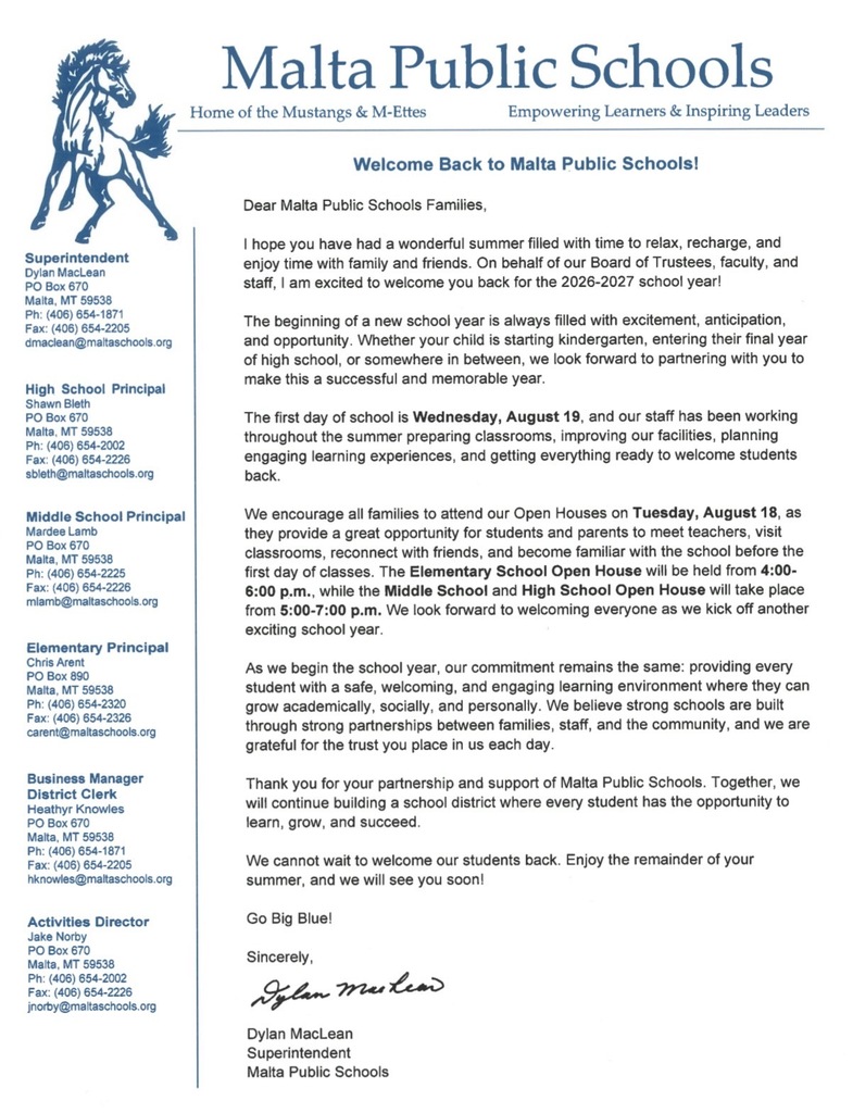 2026 Start of School Family Letter