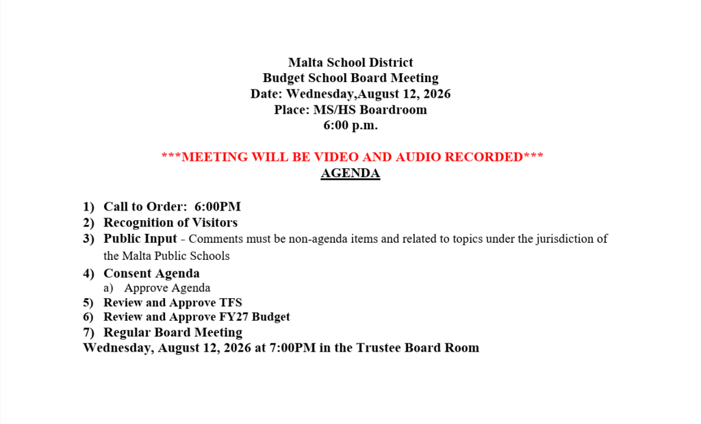 Notice of Malta Public Schools Budget Meeting 8/12/26 at 6PM